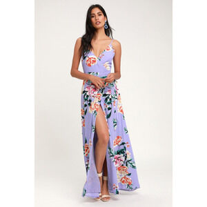 Lulus Floral Flirtation Lavender Floral Print Wrap Maxi Dress Purple - Size M